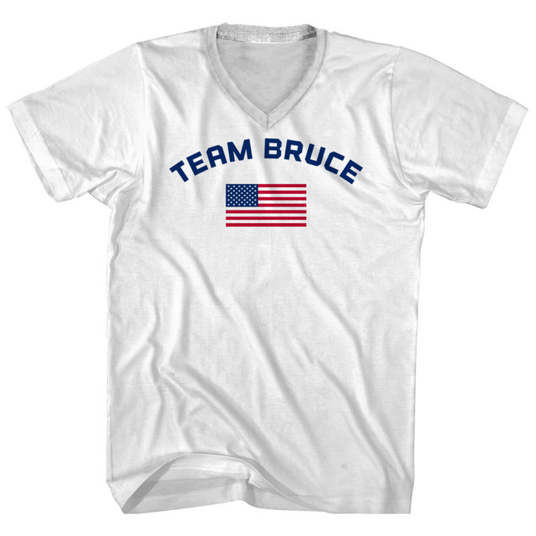 Team Bruce Over An American Flag Adult Cotton V-Neck T-Shirt - White