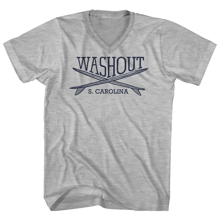 Washout Surf Break Crossed Surf Board Surfing Destination Adult Cotton V-Neck T-Shirt - Grey Heather
