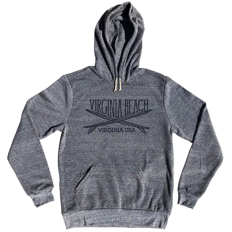 Virginia Beach Surf Break Crossed Surf Board Surfing Destination Cotton-Poly Blend Hoodie - Athletic Grey