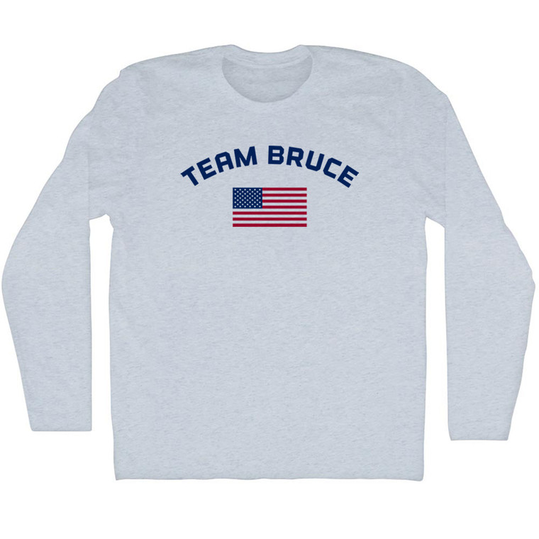 Team Bruce Over An American Flag Adult Tri-Blend Long Sleeve T-Shirt - Athletic White