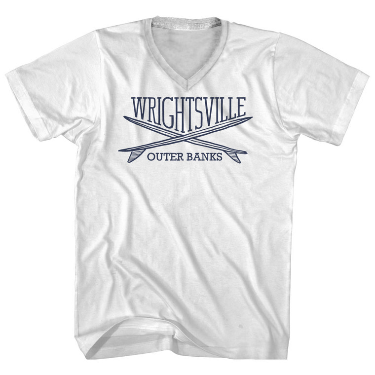 Wrightsville Surf Break Crossed Surf Board Surfing Destination Adult Cotton V-Neck T-Shirt - White