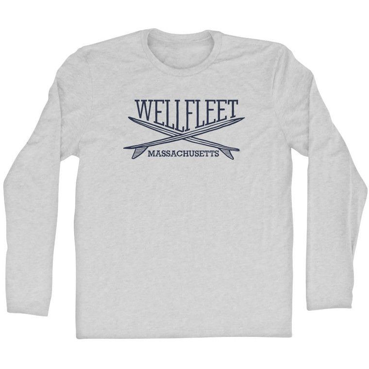 Wellfleet Surf Break Crossed Surf Board Surfing Destination Adult Cotton Long Sleeve T-Shirt - Grey Heather