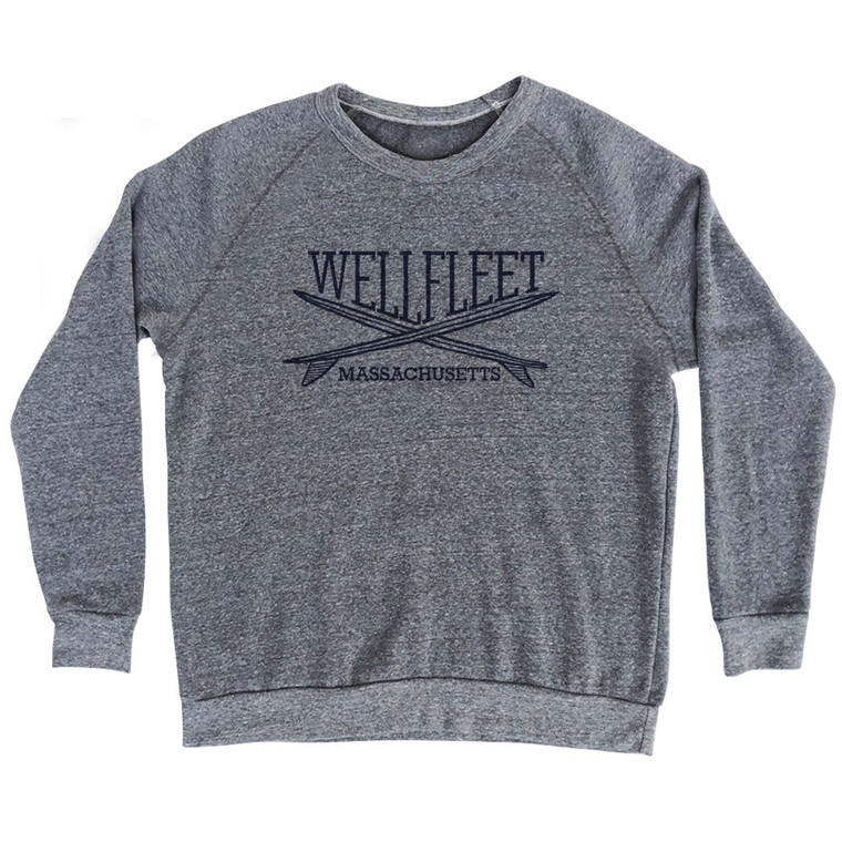 Wellfleet Surf Break Crossed Surf Board Surfing Destination Adult Tri-Blend Sweatshirt - Athletic Grey