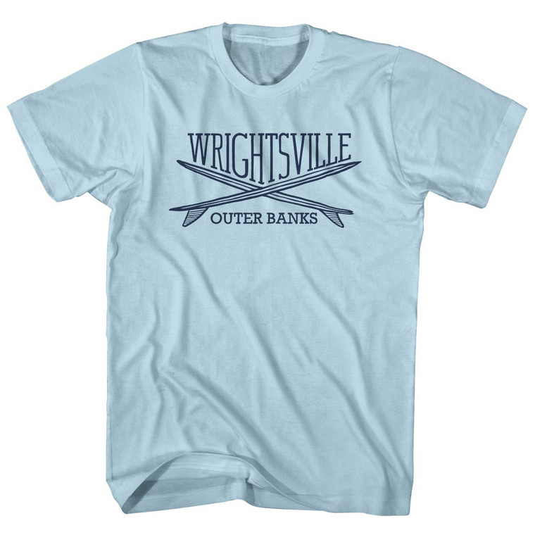 Wrightsville Surf Break Crossed Surf Board Surfing Destination Adult Cotton T-Shirt - Light Blue