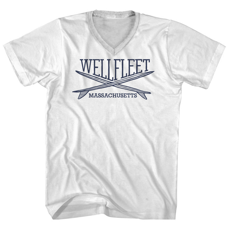 Wellfleet Surf Break Crossed Surf Board Surfing Destination Adult Cotton V-Neck T-Shirt - White