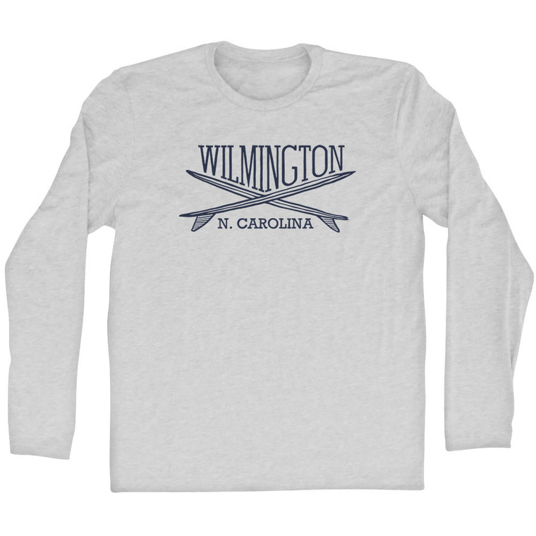 Wilmington Surf Break Crossed Surf Board Surfing Destination Adult Cotton Long Sleeve T-Shirt - Grey Heather