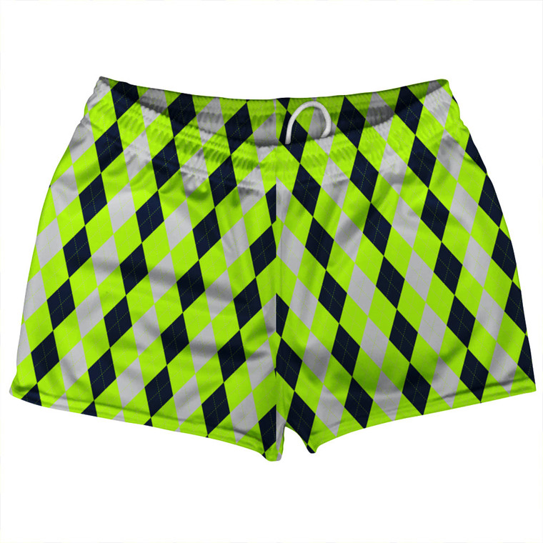 Argile Patterns Shorty Short Gym Shorts 2.5" Inseam Made In USA - Navy Blue Cool Grey Medium and Neon Green