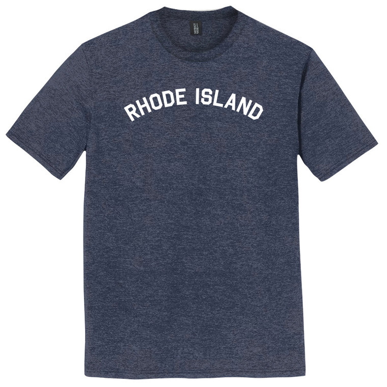 Rhode Island State Text White Font Mens Tri-Blend DTG T-shirt - Navy Blue