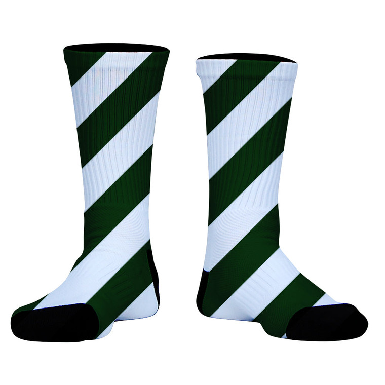 Candy Cane Design Athletic Crew Socks - Green Forest and White