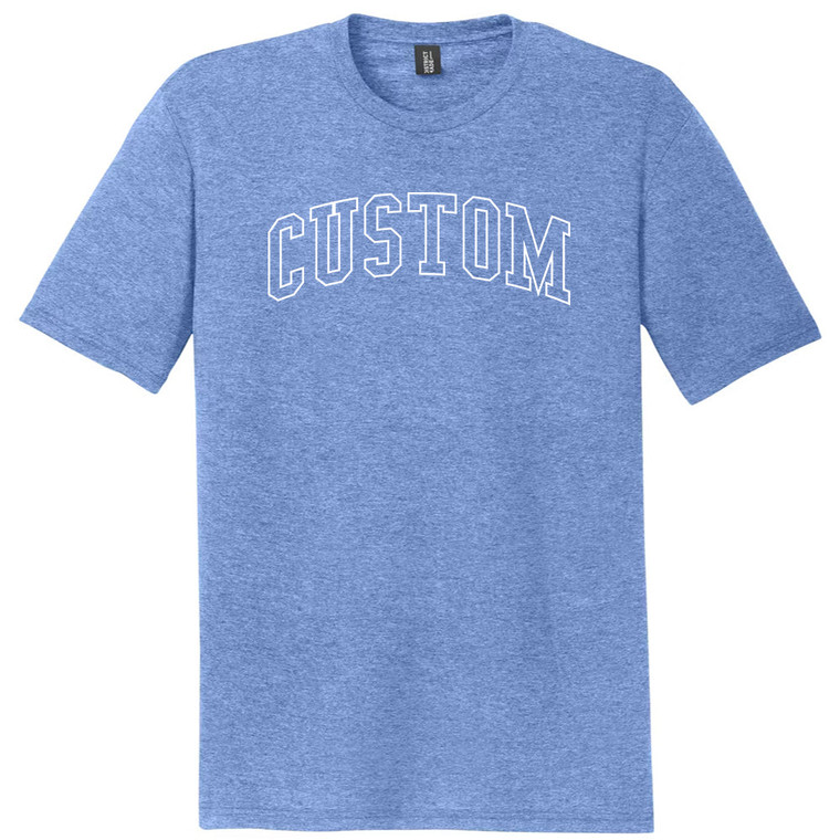 Custom Arched Ruckus Font Outline White Ink On Mens Tri-Blend DTG T-shirt - Denim Blue Heather