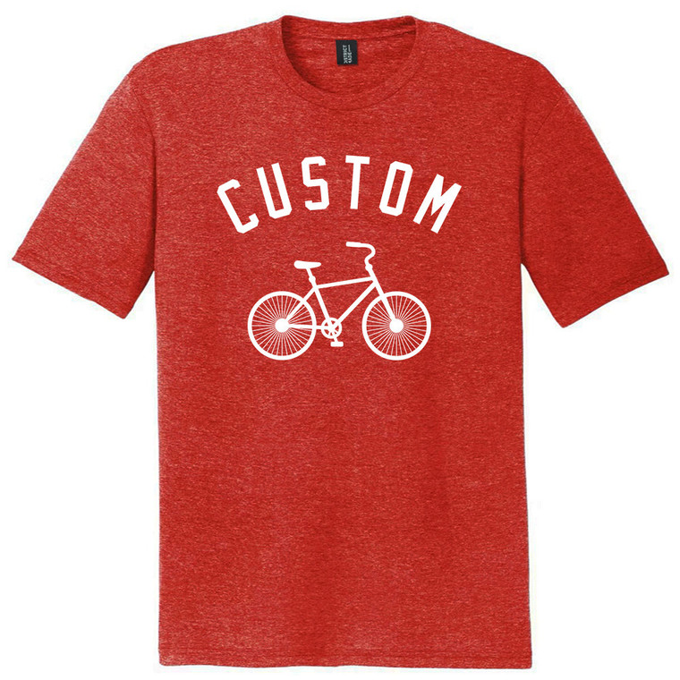 Custom Text Arched Over A Vintage Bike White Ink On Mens Tri-Blend DTG T-shirt - Red Heather
