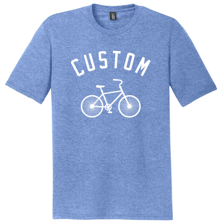 Custom Text Arched Over A Vintage Bike White Ink On Mens Tri-Blend DTG T-shirt - Denim Blue Heather