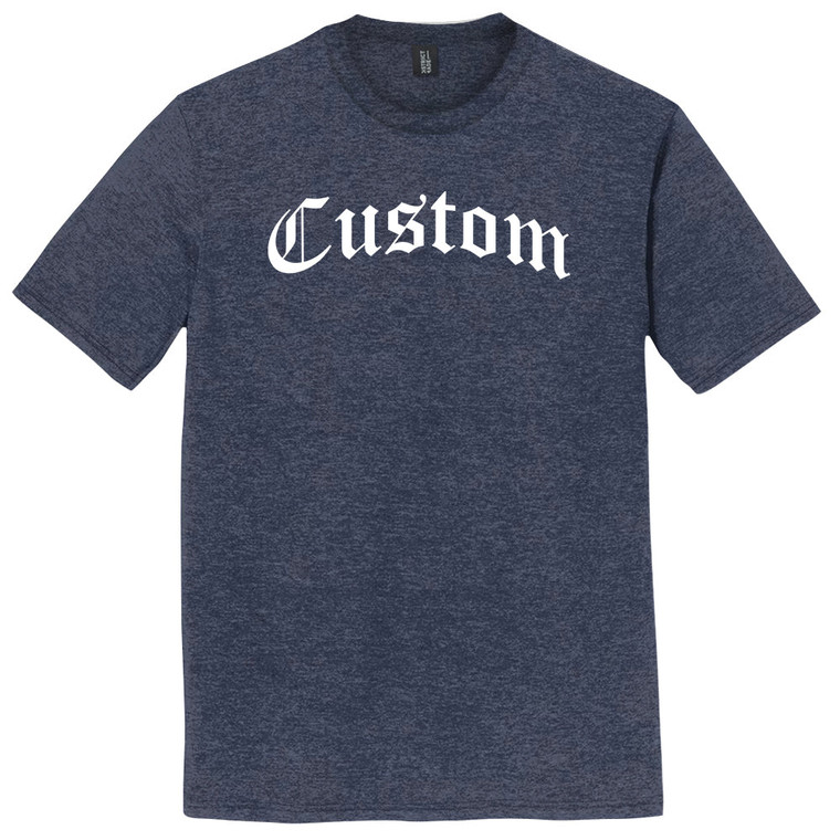 Custom Old English White Ink On Mens Tri-Blend DTG T-shirt - Navy Blue Heavy