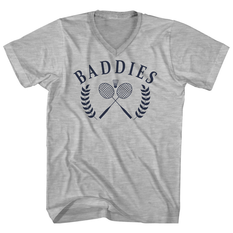 Baddies Crossed Badminton Rackets and Shuttle Cock Adult Cotton V-neck T-shirt - Grey Heather