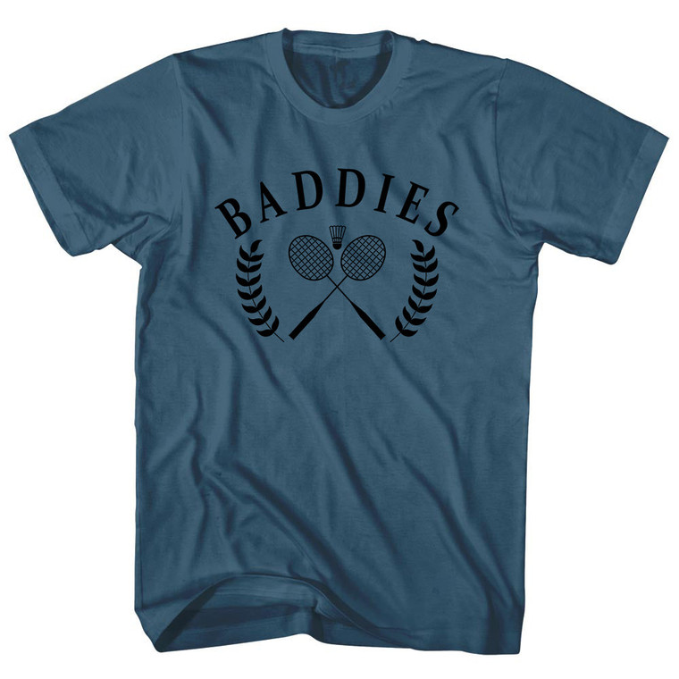 Baddies Crossed Badminton Rackets and Shuttle Cock Adult Cotton T-shirt - Lake Blue