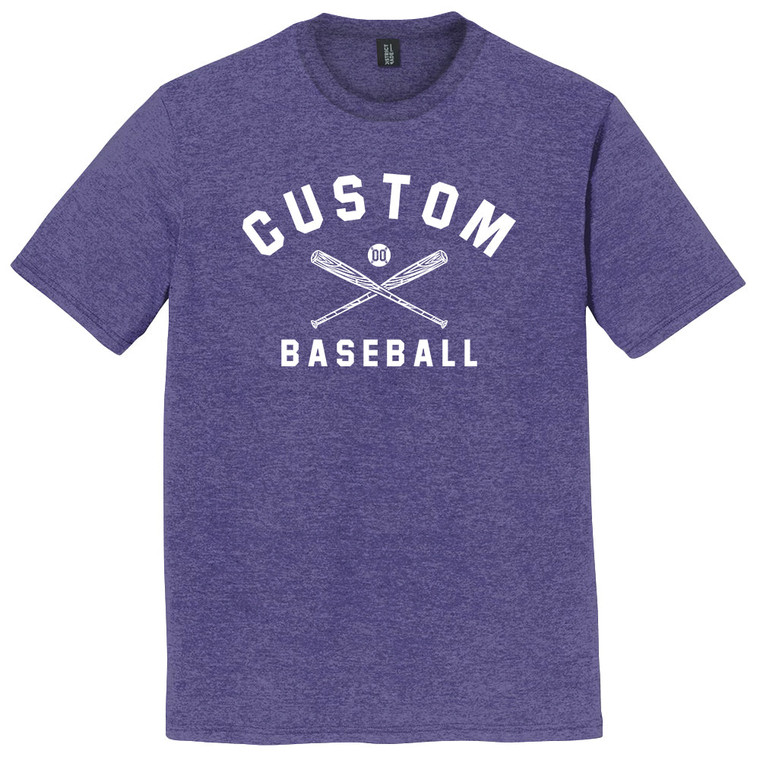Custom Text Name Arched over Crossed Bat and Baseball With Custom Number In Ball Mens Tri-Blend DTG T-shirt - Purple Heather