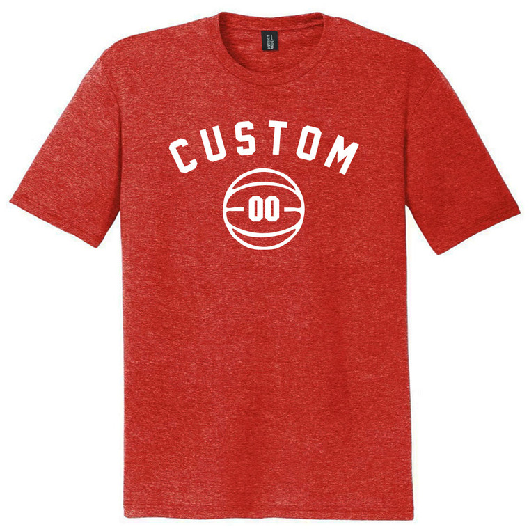 Custom Text Name Arched White Font With Custom Number In Basketball Mens Tri-Blend DTG T-shirt - Red Heather