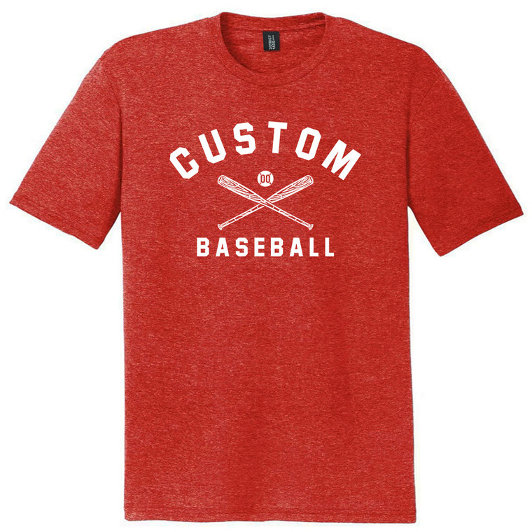 Custom Text Name Arched over Crossed Bat and Baseball With Custom Number In Ball Mens Tri-Blend DTG T-shirt - Red Heather