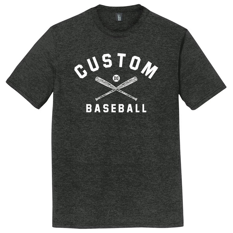 Custom Text Name Arched over Crossed Bat and Baseball With Custom Number In Ball Mens Tri-Blend DTG T-shirt - Black Heather