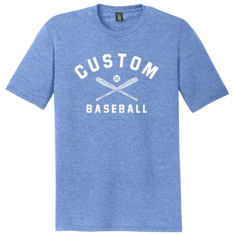 Custom Text Name Arched over Crossed Bat and Baseball With Custom Number In Ball Mens Tri-Blend DTG T-shirt - Blue Heather
