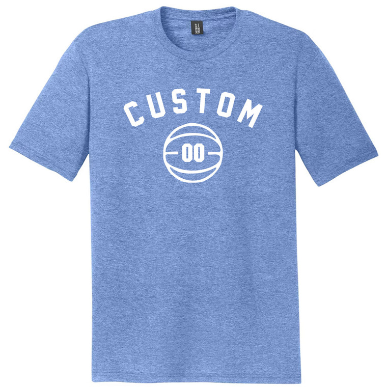 Custom Text Name Arched White Font With Custom Number In Basketball Mens Tri-Blend DTG T-shirt - Blue Heather