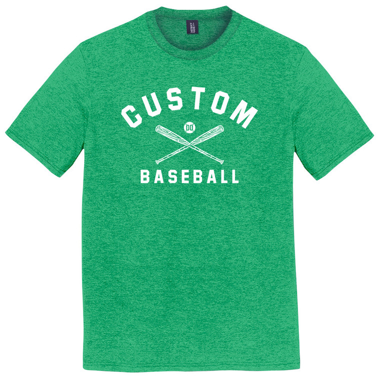Custom Text Name Arched over Crossed Bat and Baseball With Custom Number In Ball Mens Tri-Blend DTG T-shirt - Green Kelly