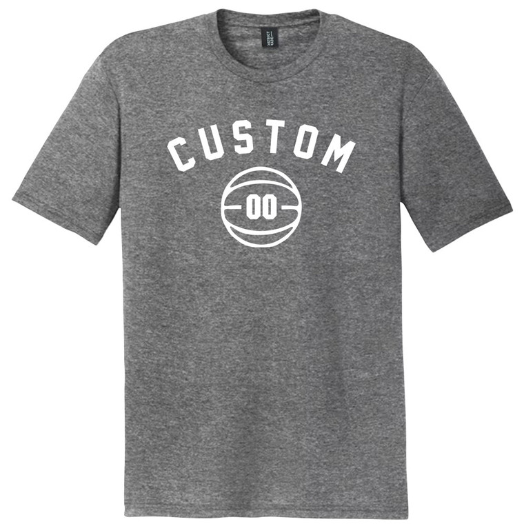 Custom Text Name Arched White Font With Custom Number In Basketball Mens Tri-Blend DTG T-shirt - Grey Heather