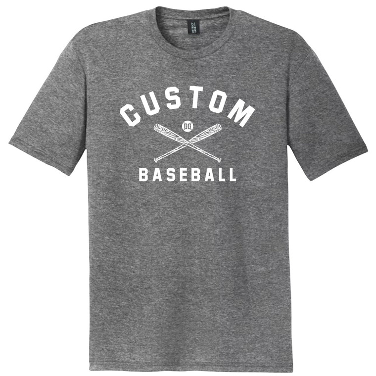 Custom Text Name Arched over Crossed Bat and Baseball With Custom Number In Ball Mens Tri-Blend DTG T-shirt - Grey Heather