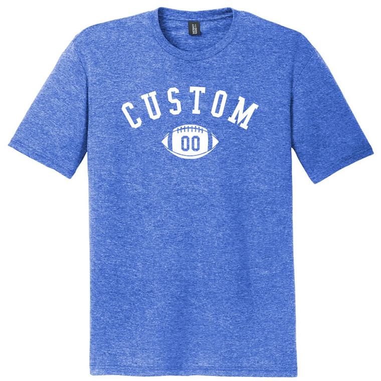 Custom Text Name Arched over Football With Custom Number In Ball Mens Tri-Blend DTG T-shirt - Royal Blue Heather