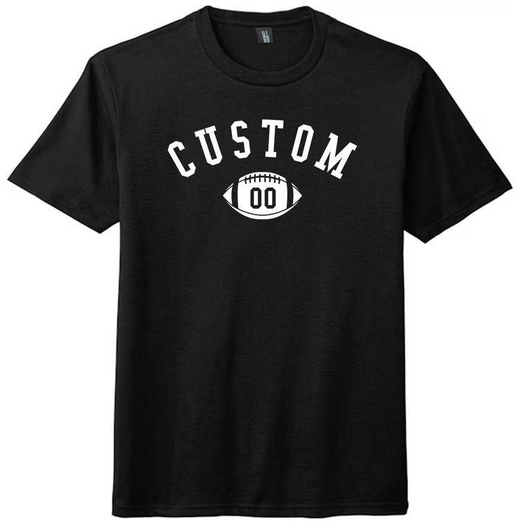 Custom Text Name Arched over Football With Custom Number In Ball Mens Tri-Blend DTG T-shirt - Black Solid
