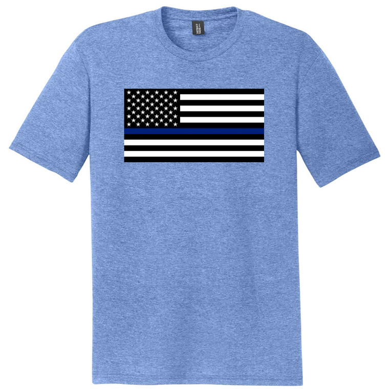 Police American Flag Thin Blue Line 12 Inches Mens Tri-Blend DTG T-shirt - Denim Blue Heather