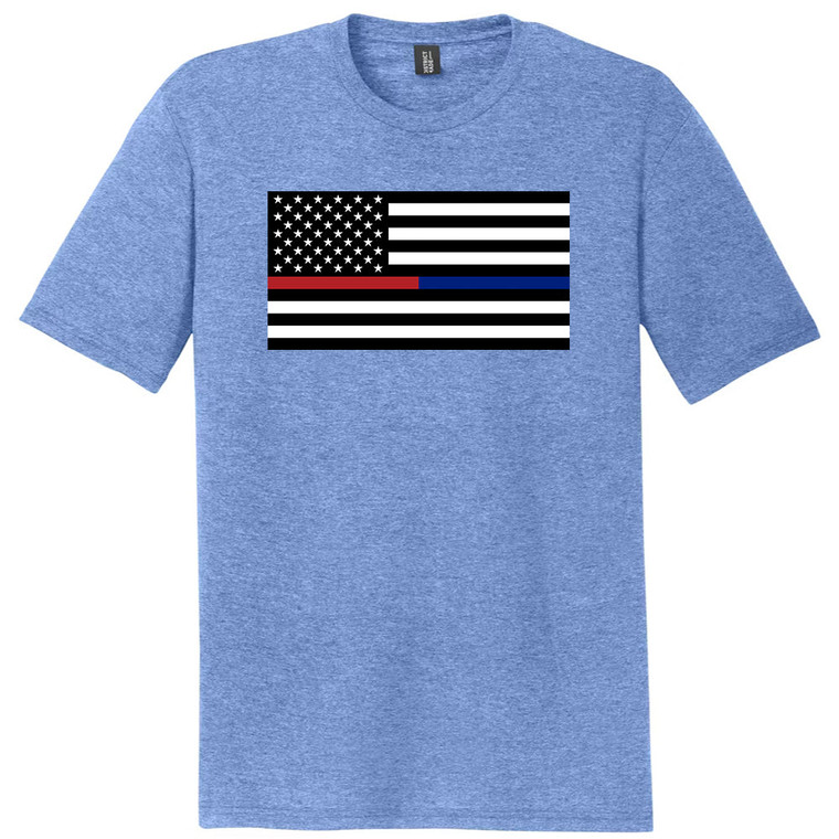 Police & Fire American Flag Thin Blue and Red Line 12 Inches Mens Tri-Blend DTG T-shirt - Denim Blue Heather