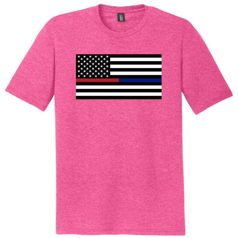 Police & Fire American Flag Thin Blue and Red Line 12 Inches Mens Tri-Blend DTG T-shirt - Fuchsia Heather