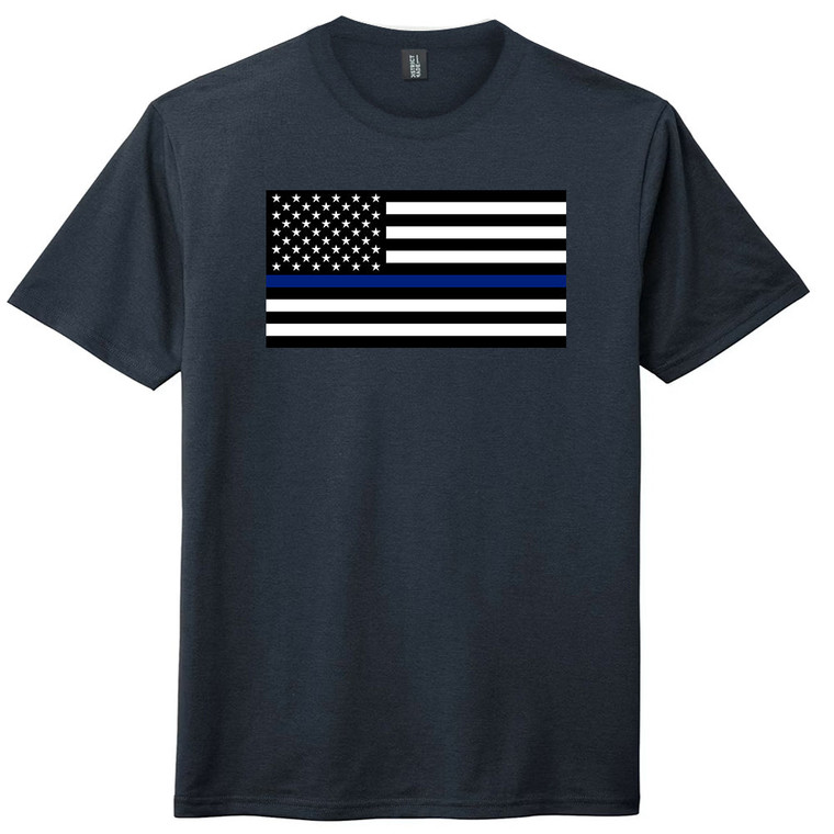 Police American Flag Thin Blue Line 12 Inches Mens Tri-Blend DTG T-shirt - Navy Blue Solid