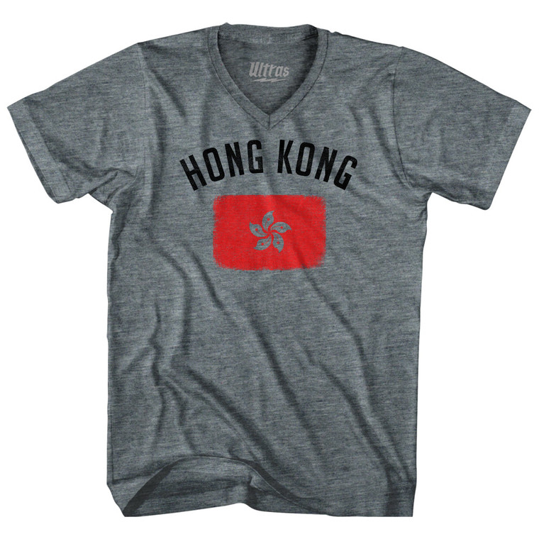 Hong Kong Country Flag Heritage Tri-Blend V-neck Womens Junior Cut T-shirt - Athletic Grey