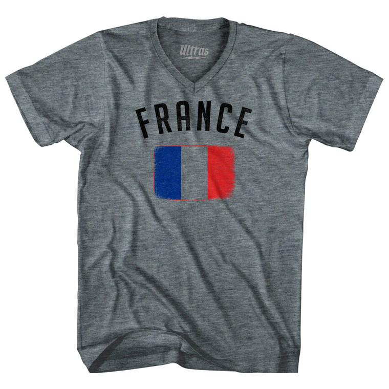 France Country Flag Heritage Tri-Blend V-neck Womens Junior Cut T-shirt - Athletic Grey