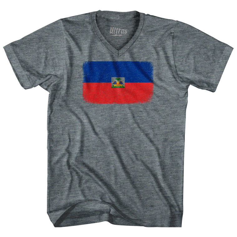 Haiti Country Flag Tri-Blend V-neck Womens Junior Cut T-shirt - Athletic Grey