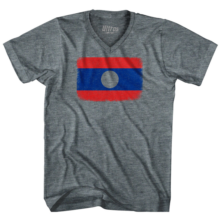 Laos Country Flag Adult Tri-Blend V-neck T-shirt - Athletic Grey