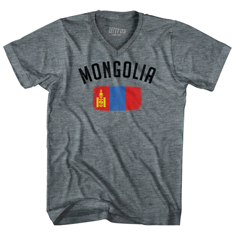 Mongolia Country Flag Heritage Adult Tri-Blend V-neck T-shirt - Athletic Grey Mongolia Country Flag Heritage Adult Tri-Blend V-neck T-shirt - Athletic Grey