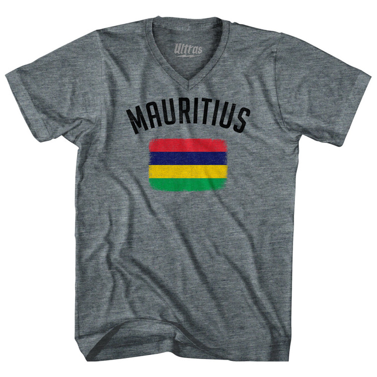 Mauritius Country Flag Heritage Tri-Blend V-neck Womens Junior Cut T-shirt - Athletic Grey