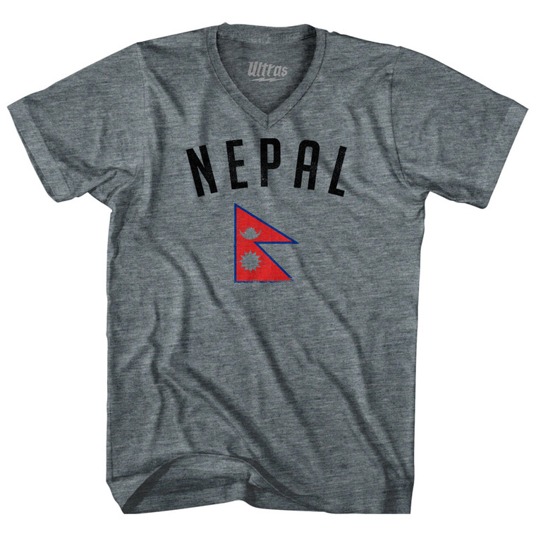 Nepal Country Flag Heritage Adult Tri-Blend V-neck T-shirt - Athletic Grey