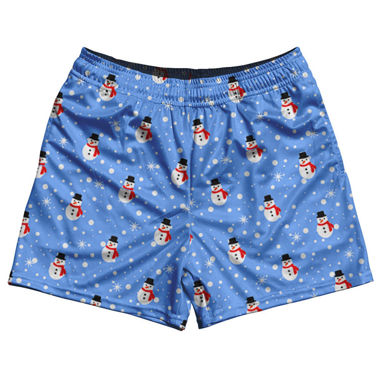 Snowman Christmas Rugby Gym Short 5 Inch Inseam With Pockets Made In USA - Blue