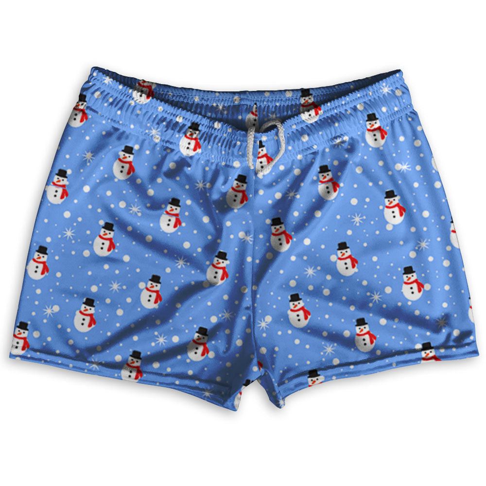 Image of Snowman Christmas Shorty Short Gym Shorts 2.5" Inseam Made In USA - Blue