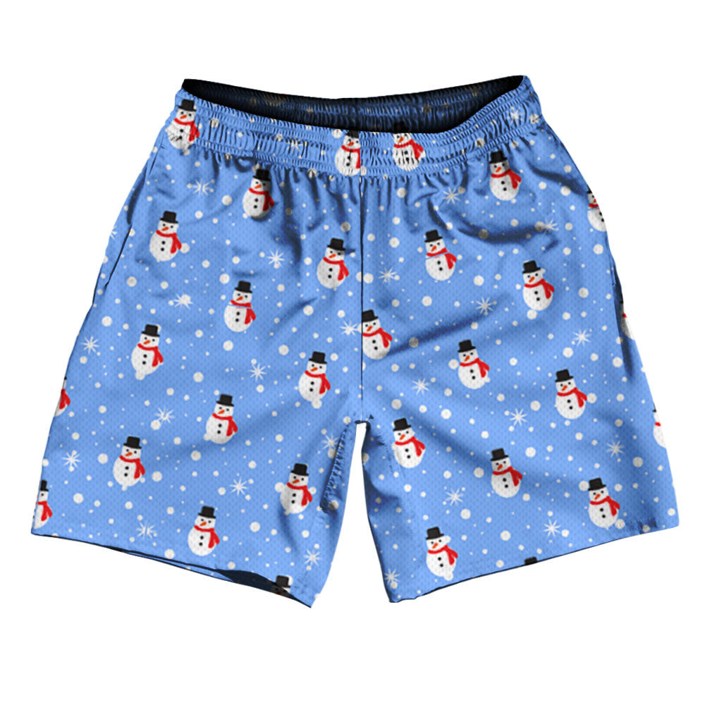 Image of Snowman Christmas Athletic Running Fitness Exercise Shorts 7" Inseam Made In USA Shorts - Blue