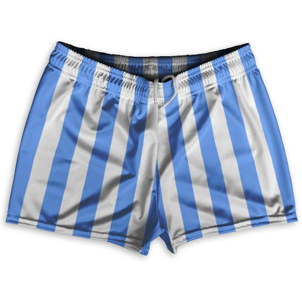 Image of Carolina Blue & White Vertical Stripe Shorty Short Gym Shorts 2.5" Inseam Made In USA - Carolina Blue & White