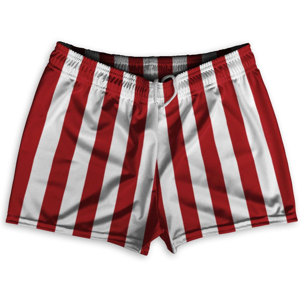 Image of Dark Red & White Vertical Stripe Shorty Short Gym Shorts 2.5" Inseam Made In USA - Dark Red & White