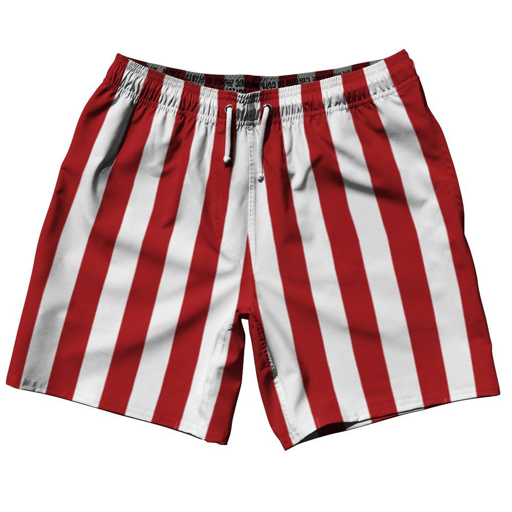 Image of Dark Red & White Vertical Stripe Swim Shorts 7.5" Made in USA - Dark Red & White