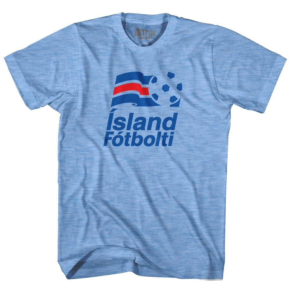 Image of Iceland Soccer ISLAND Fotbolti Flag and Ball Logo Adult Tri-Blend T-shirt - Athletic Blue