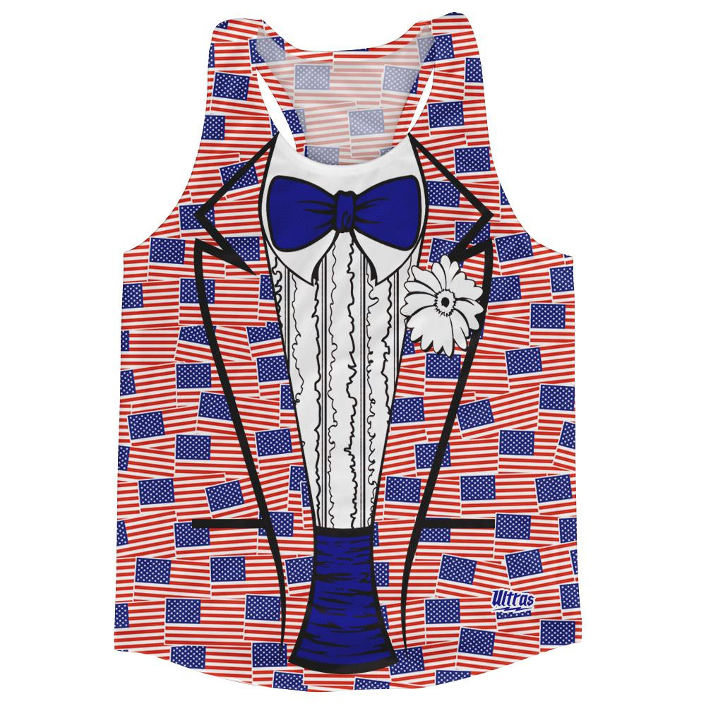 Image of United States American Party Flags Tuxedo Running Tank Top Racerback Track and Cross Country Singlet Jersey Made In USA - Red Blue