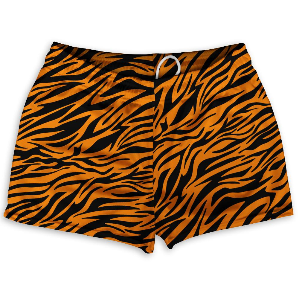 Image of Exotic Tiger King Pattern Shorty Short Gym Shorts 2.5" Inseam Made in USA - Orange Black
